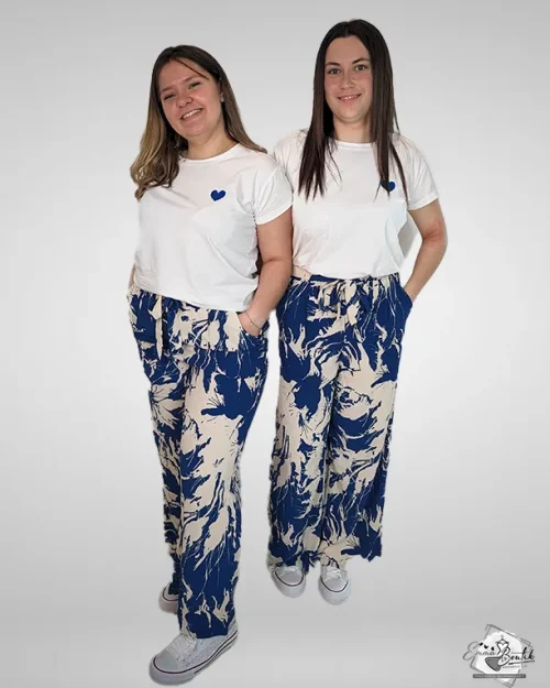 Pantalon large à motifs Blanc et Bleu