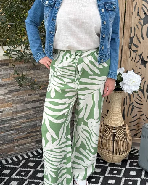 Pantalon large à motifs Ecru et Vert