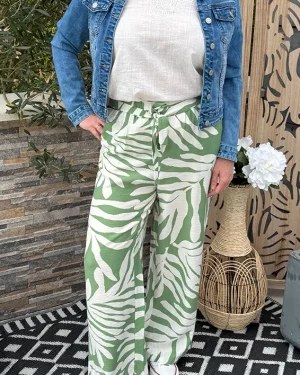 Pantalon large à motifs Ecru et Vert