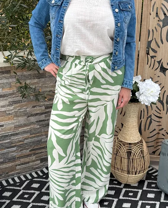 Pantalon large à motifs Ecru et Vert